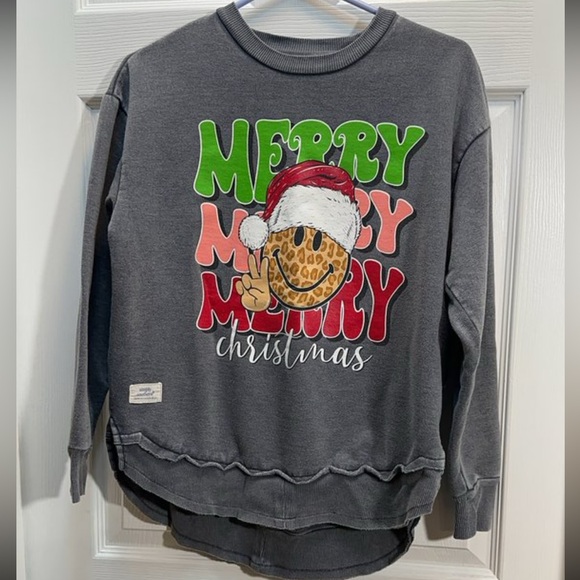 Simply Southern Tops - Simply Southern Gray 'Merry Merry Merry Christmas' Leopard Smile Sweatshirt